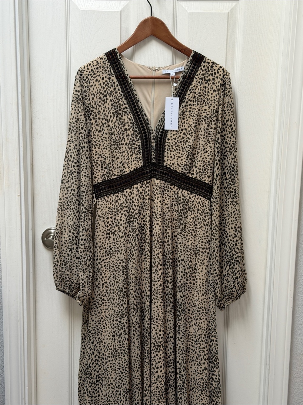 Baltic Born Beige and Black Printed V-Neck Long Sleeve Maxi Dress